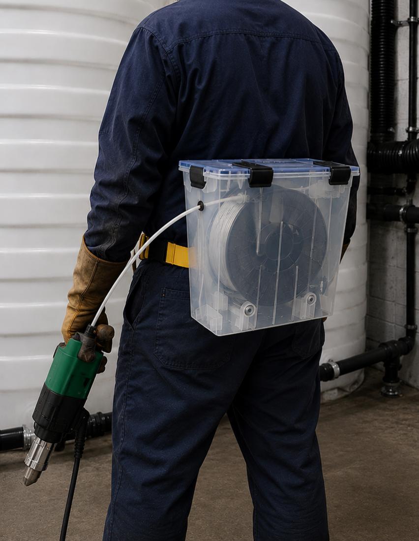 WeldPackPro worn by plastic welding technician with plastic extrusion welder